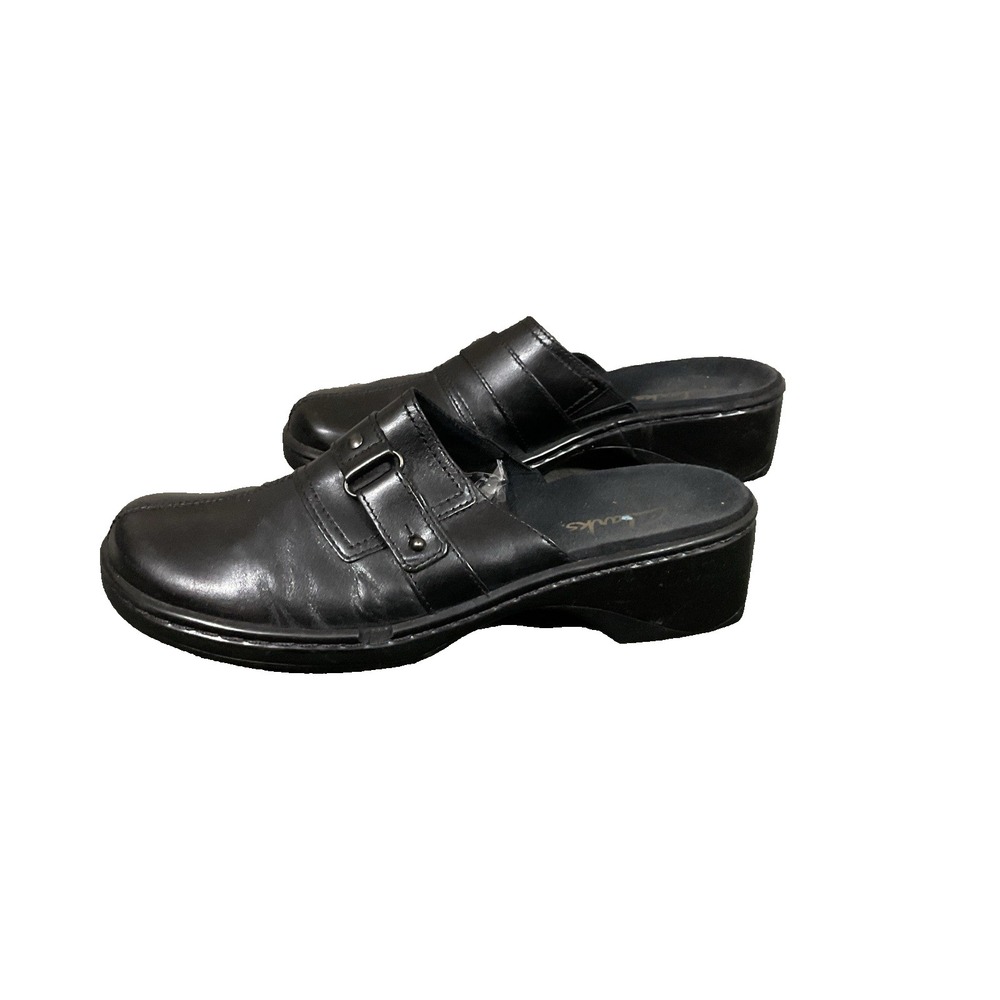 CLARKS Black‎ LEATHER MULES Career Office Slip on Closed Toe Sandals Sz 7.5M